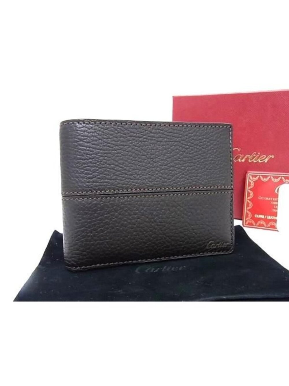 Cartier Leather Saddle Stitch Bifold Wallet Coin Purse Billfold Dark Brown